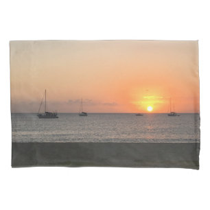 Elegant Sun Sunset Blue Ocean Sea Boats Tropical  Pillowcase