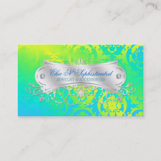 Elegant Sunburst Damask Swirl Teal Yellow Green Business Card