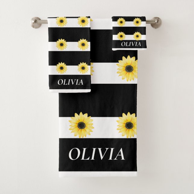 Elegant  Sunfllower on Black and White  Bath Towel Set (Insitu)