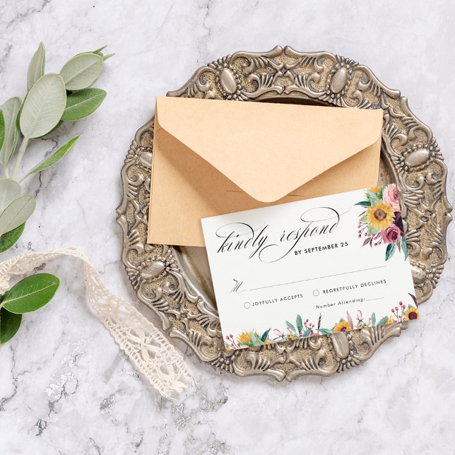 Elegant Sunflower and Rose Burgundy Floral Wedding RSVP Card (Creator Uploaded)