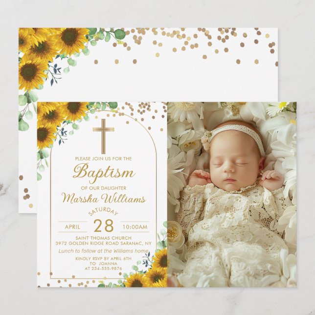 Elegant Sunflower Arch Gold Glitter Baptism Photo  Invitation (Front/Back)