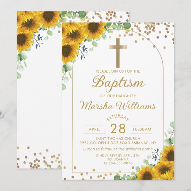 Elegant Sunflower Arch Gold Glitter Girl Baptism Invitation (Front/Back)