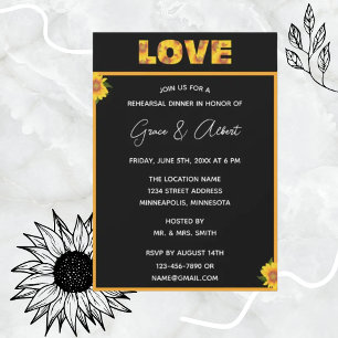 Elegant Sunflower Black Backdrop LOVE Rehearsal  Invitation