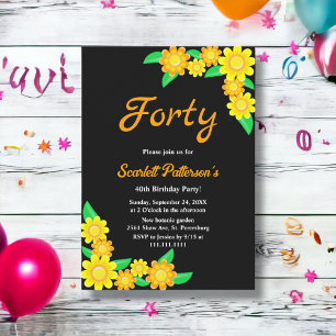 Elegant Sunflower Boho Black Floral 40th Birthday Invitation