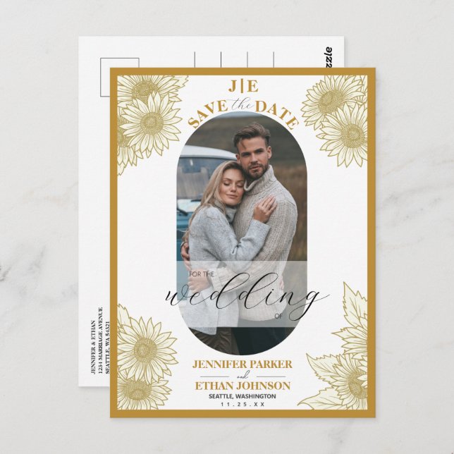 Elegant Sunflower Botanical Photo Save The Date Postcard (Front/Back)
