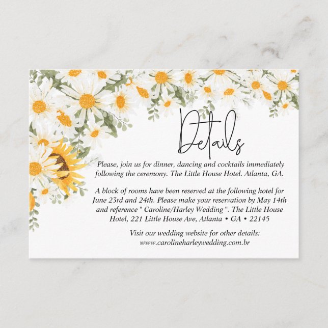 Elegant Sunflower Daisy Wedding Details Enclosure Card (Front)