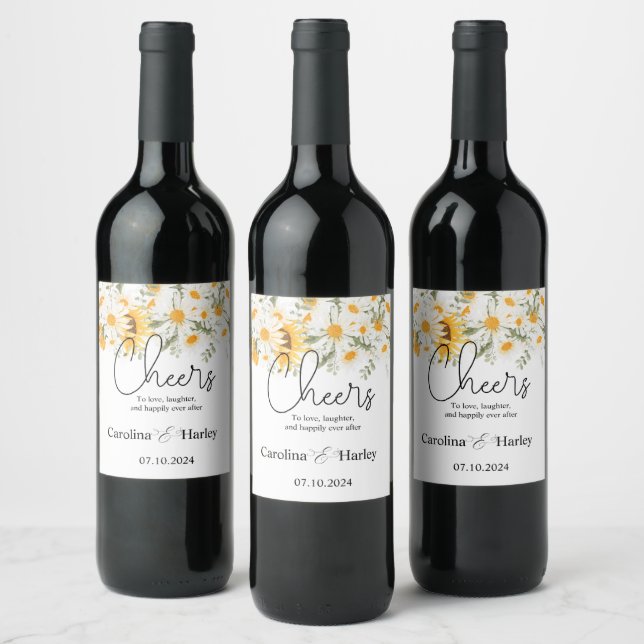 Elegant Sunflower Daisy Wedding  Wine Label (Bottles)