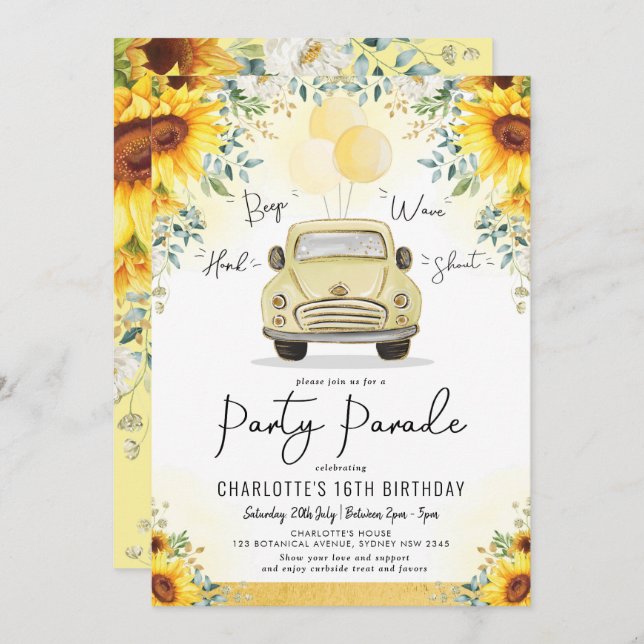 Elegant Sunflower Drive Thru Birthday Party Parade Invitation (Front/Back)
