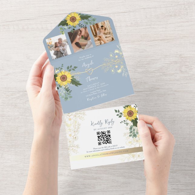 Elegant Sunflower Dusty Blue Wedding All In One Invitation (Tearaway)