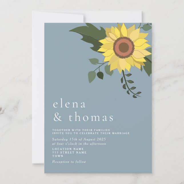 Elegant Sunflower Dusty Blue Wedding Invitation (Front)