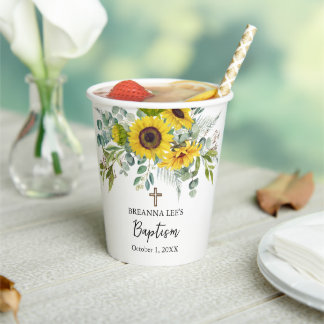 Elegant Sunflower & Eucalyptus Boho Cross Baptism Paper Cups
