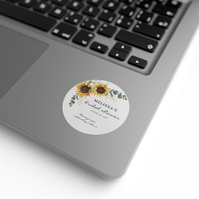 Elegant Sunflower Eucalyptus Floral Bridal Shower Classic Round Sticker (Floral Sunflower Eucalyptus Botanical Bridal Shower Circle Sticker)