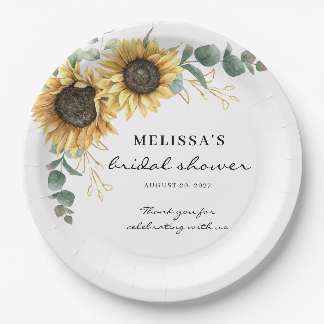 Elegant Sunflower Eucalyptus Floral Bridal Shower Paper Plate (Front)