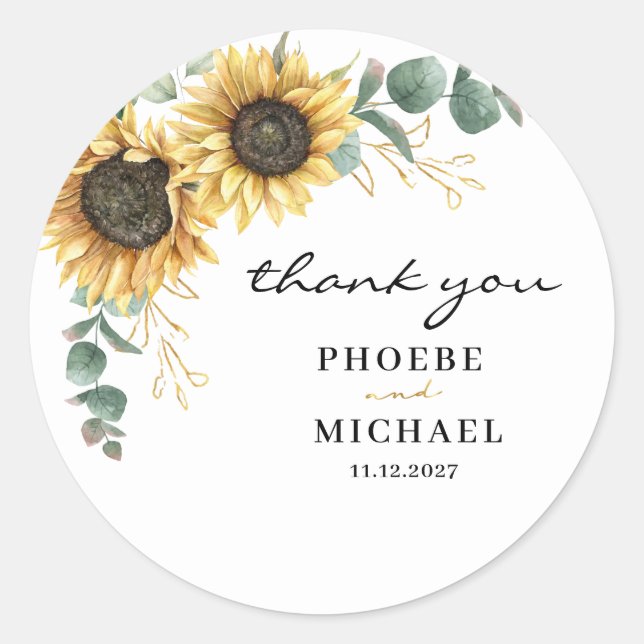 Elegant Sunflower Eucalyptus Floral Wedding Thank Classic Round Sticker (Front)
