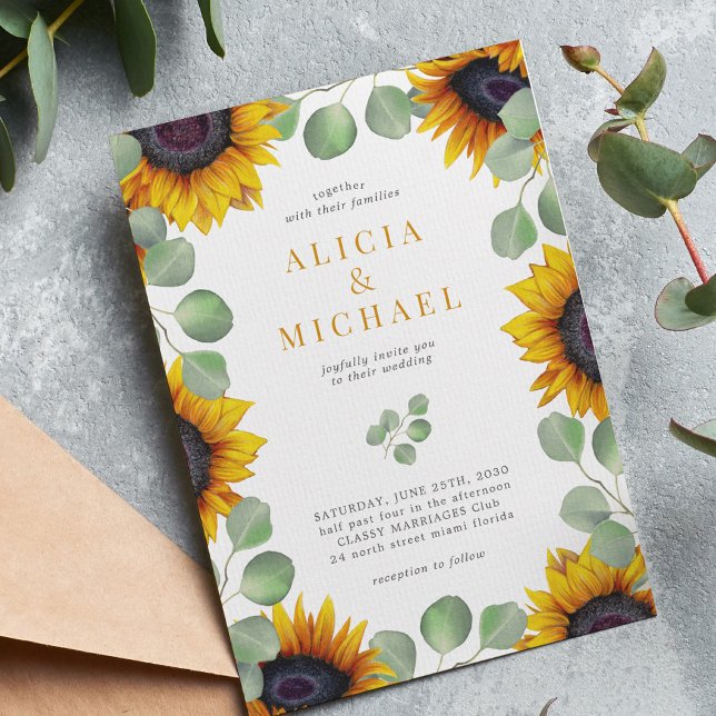 Elegant sunflower eucalyptus greenery wedding invitation (Creator Uploaded)