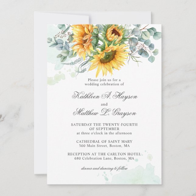 Elegant Sunflower Eucalyptus Splash Wedding  Invitation (Front)