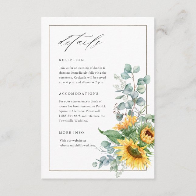Elegant Sunflower Eucalyptus Wedding Details Enclosure Card (Front)