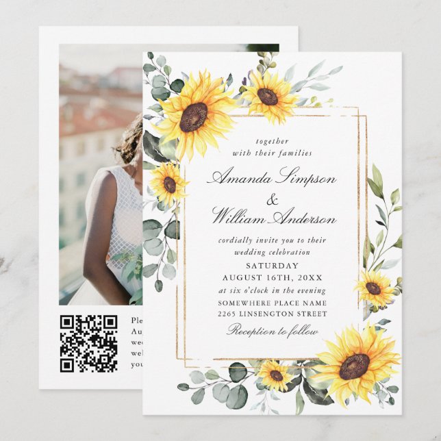 Elegant Sunflower Eucalyptus Wedding Photo QR code Invitation (Front/Back)