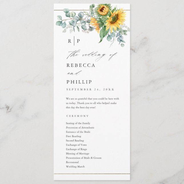 Elegant Sunflower Eucalyptus Wedding Programme (Front)
