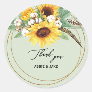 Elegant Sunflower Feather Mint Wedding  Classic Round Sticker