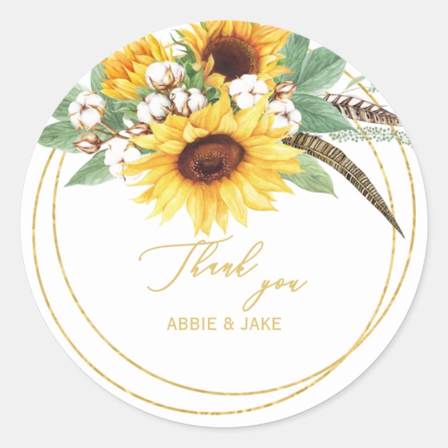 Elegant  Sunflower Feather Wedding Thank You Classic Round Sticker (Front)