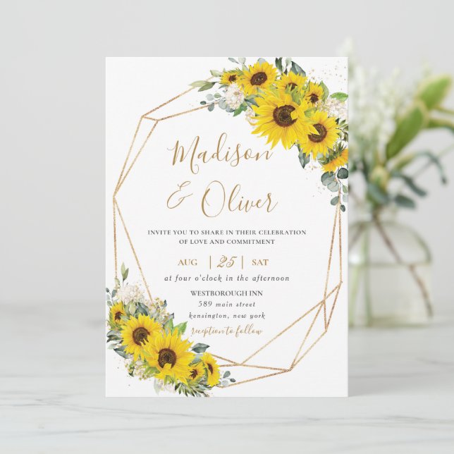 Elegant Sunflower Floral Gold Geometric Wedding Invitation (Standing Front)
