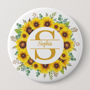 Elegant Sunflower Floral Monogram with Name 10 Cm Round Badge