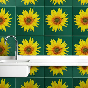 Elegant Sunflower (Floral Wall Art) Emerald Green Tile