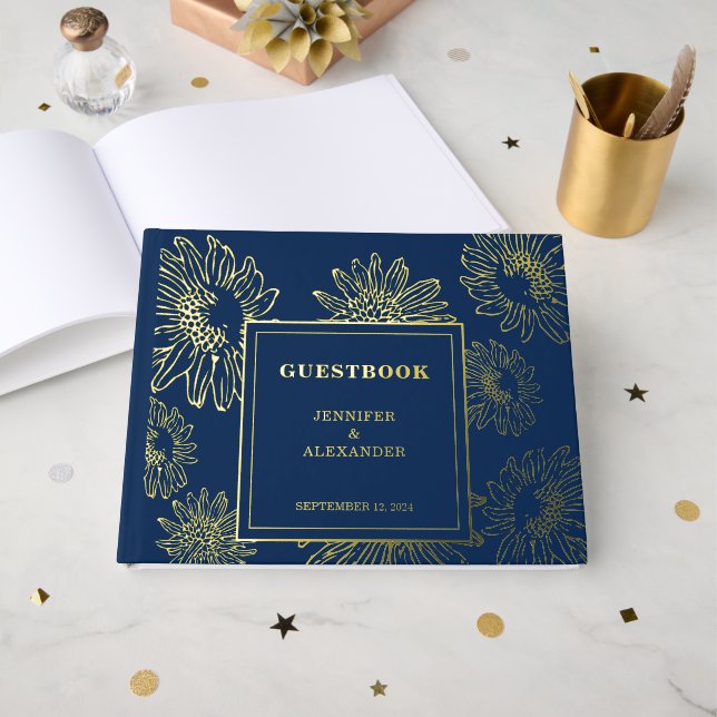 Elegant sunflower gold Foil blue wedding Guestbook (Front Open)