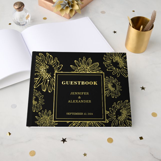 Elegant sunflower gold Foil wedding Guestbook (Front Open)