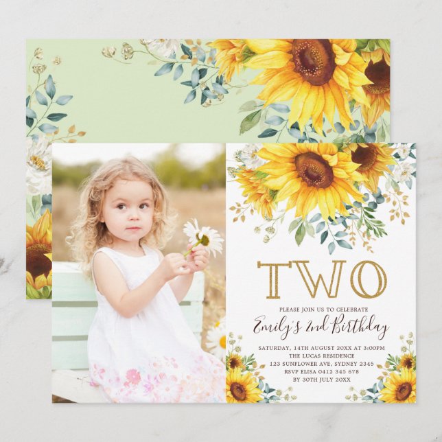 Elegant Sunflower Greenery 2nd Birthday Photo Invitation (Front/Back)