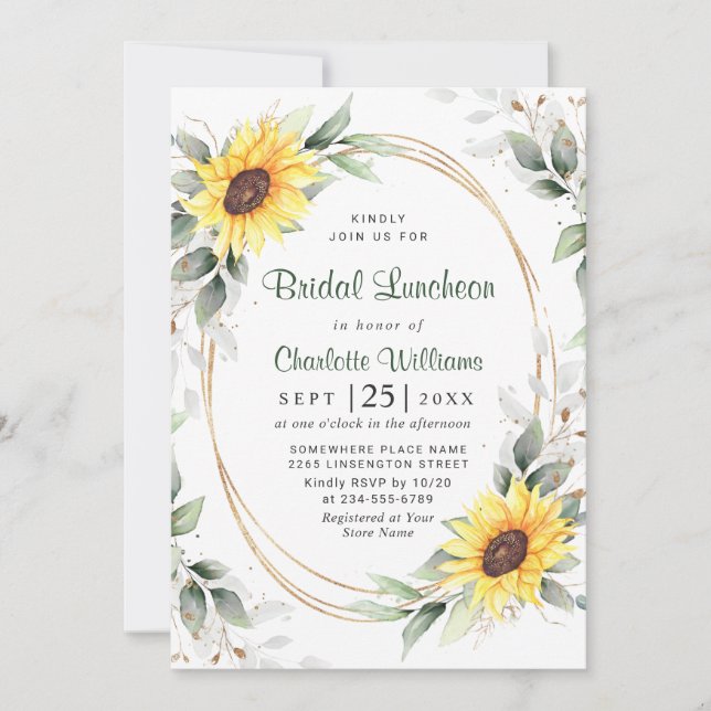 Elegant Sunflower Greenery Floral Bridal Luncheon Invitation (Front)