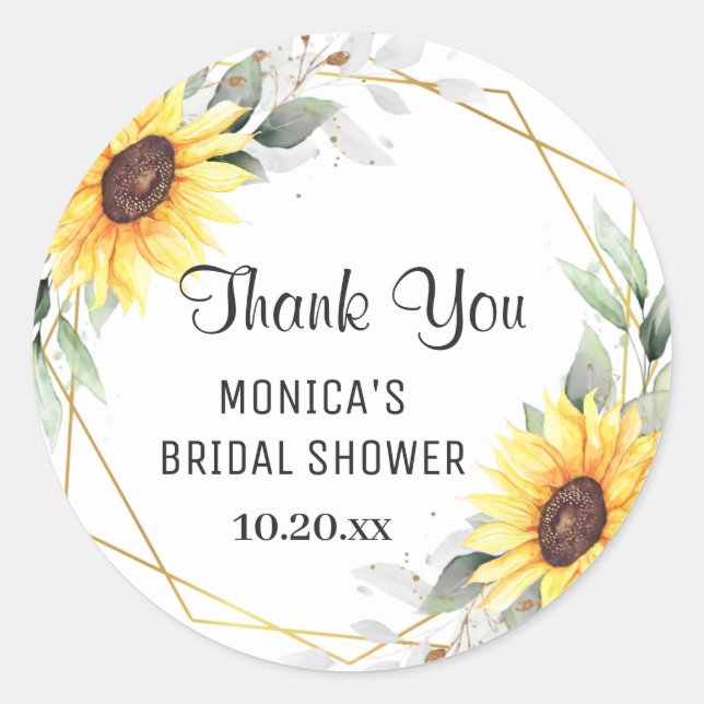 Elegant Sunflower Greenery Floral BRIDAL SHOWER Classic Round Sticker (Front)