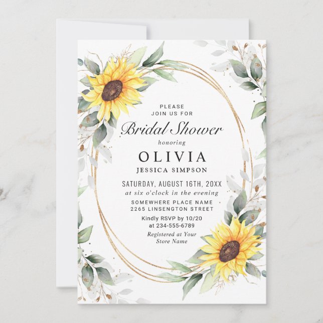 Elegant Sunflower Greenery Floral Bridal Shower Invitation (Front)