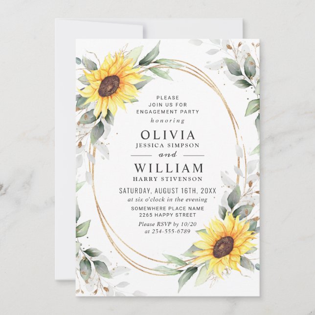 Elegant Sunflower Greenery Floral Engagement Party Invitation (Front)