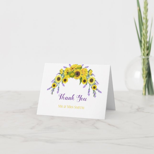 Elegant Sunflower & Lavender Wreath Wedding  Thank You Card (Front)