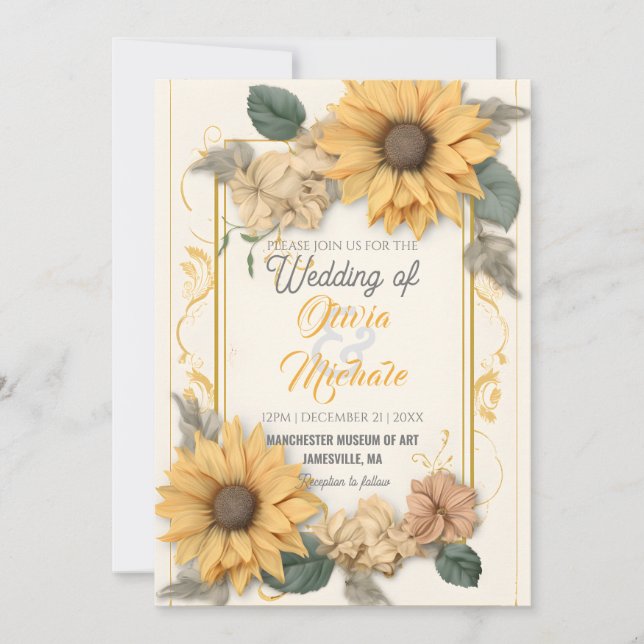 Elegant Sunflower Neutral Wedding Greenery Frame Invitation (Front)