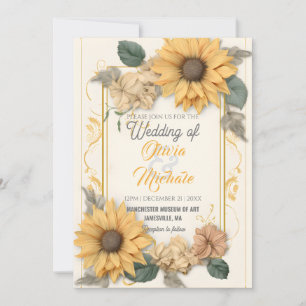 Elegant Sunflower Neutral Wedding Greenery Frame Invitation