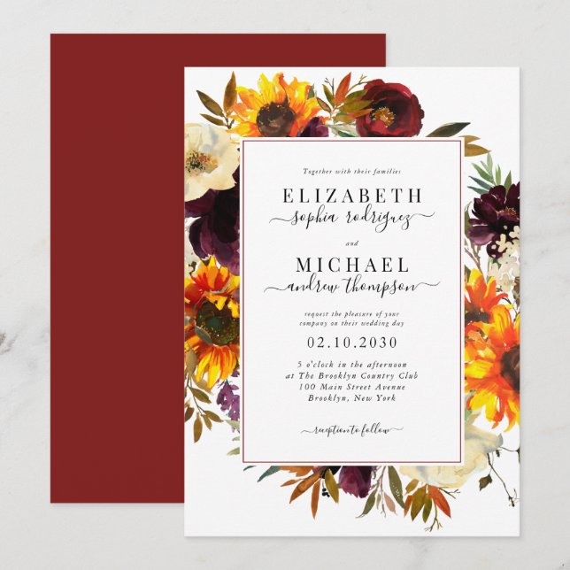 Elegant Sunflower Rose Burgundy Floral Wedding Invitation (Front/Back)