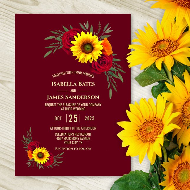 Elegant Sunflower Rose Burgundy Wedding Invitation (Creator Uploaded)