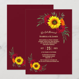 Elegant Sunflower Rose Burgundy Wedding Reception Invitation
