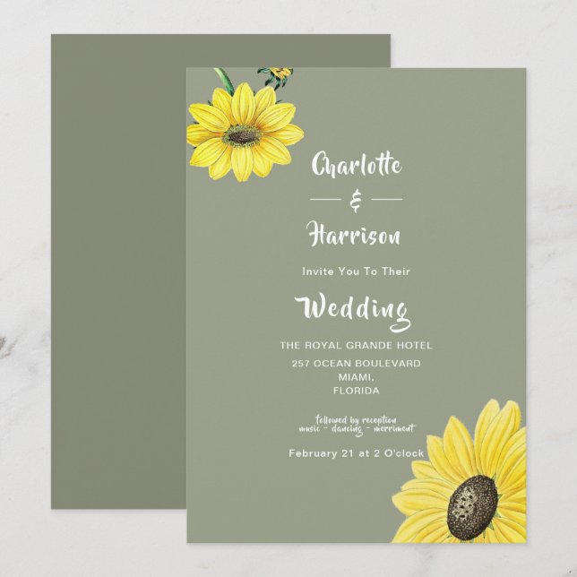 Elegant Sunflower Sage Green Wedding Invitation (Front/Back)