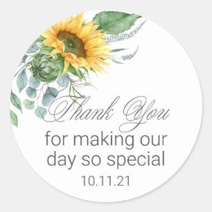 Elegant Sunflower Script Thank You Classic Round Sticker