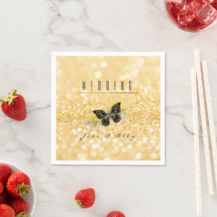 Elegant Sunflower Sparkle Black Butterfly Gold Napkin