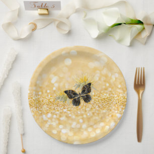Elegant Sunflower Sparkle Black Butterfly Gold Paper Plate
