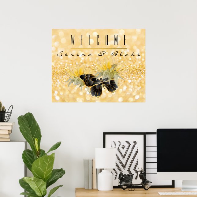 Elegant Sunflower Sparkle Black Butterfly Gold Poster (Home Office)