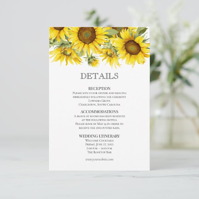 Elegant Sunflower Summer Wedding  Enclosure Card (Standing Front)