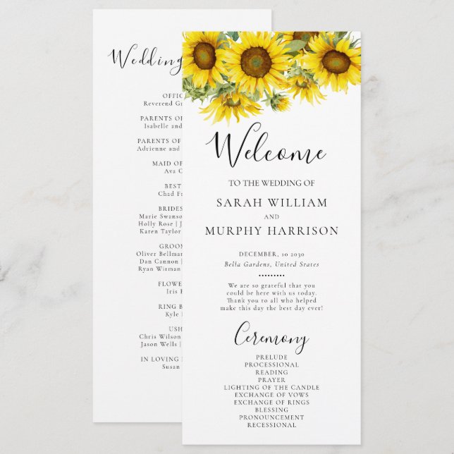 Elegant Sunflower Summer Wedding  Programme (Front/Back)