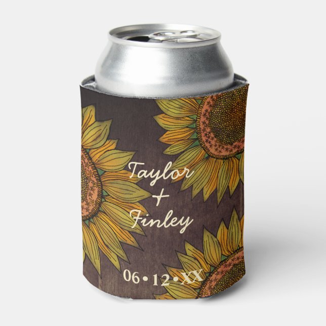   Elegant Sunflower Taupe Farmhouse Rustic Wedding Can Cooler (Can Front)