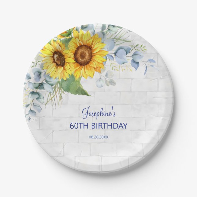 Elegant Sunflower Wall Brick Floral Birthday Paper Plate (Front)